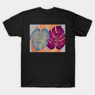 MONSTERA LEAVES - Orange, Magenta, & Blue Swiss Cheese Leafs On Gray T-Shirt